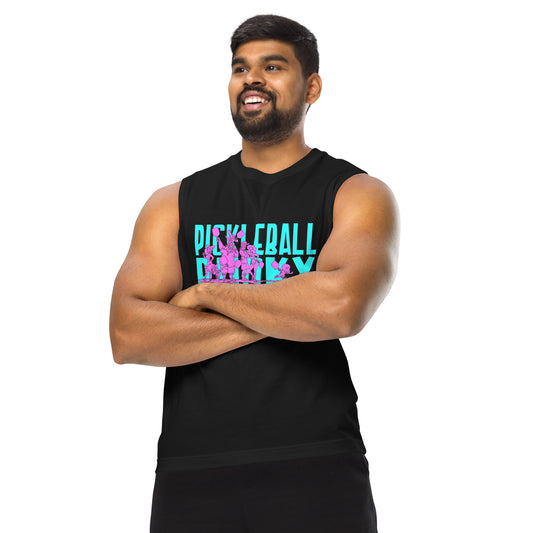 Man wearing a black sleeveless shirt with colorful text on a white background
