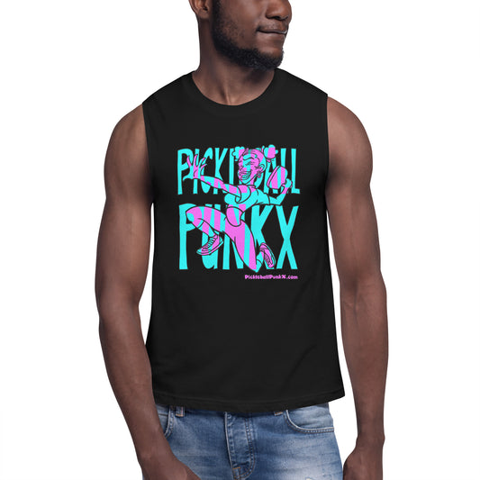 Person wearing a black sleeveless shirt with colorful graphic design on a white background