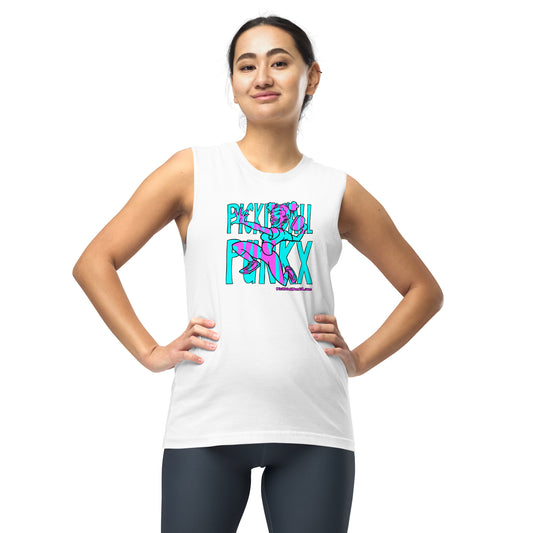 Woman wearing a white sleeveless shirt with colorful graphic design on a white background