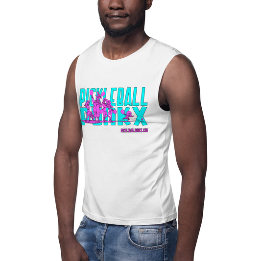 Man wearing a white sleeveless shirt with pickleball design on a white background