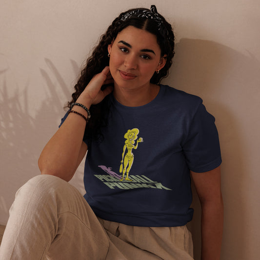 A  female model wearing navy blue t-shirts with a Pickleball PunkX graphic.