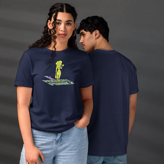 A male and a female model wearing navy blue t-shirts with a common Pickleball PunkX graphic.